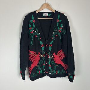 Vintage 90s Carrigan Christmas Sweater Cardin Bird Holly Embroidered Graphic